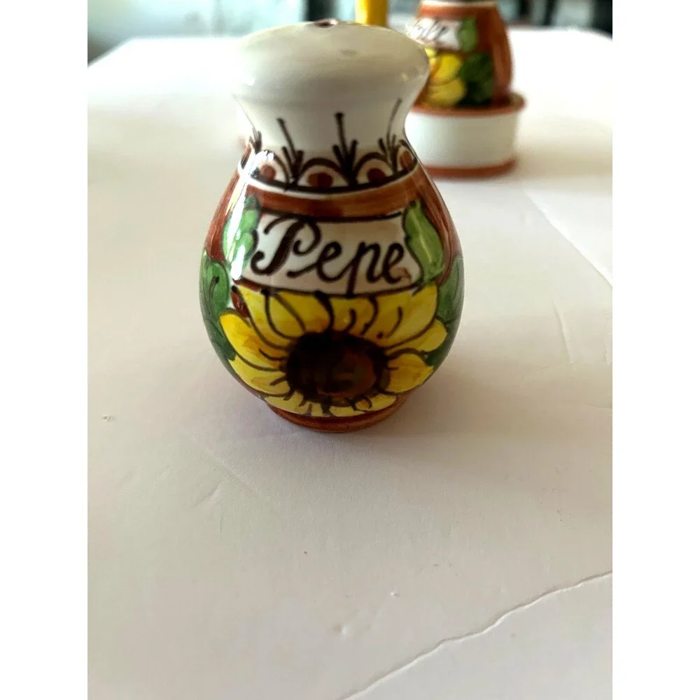 Sunflower Salt and Pepper Shakers with Caddy Signed Italian Pottery Stoppers